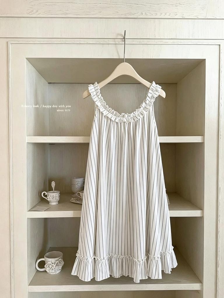 Bow print fungus edge suspender nightdress women's loose sweet loungewear