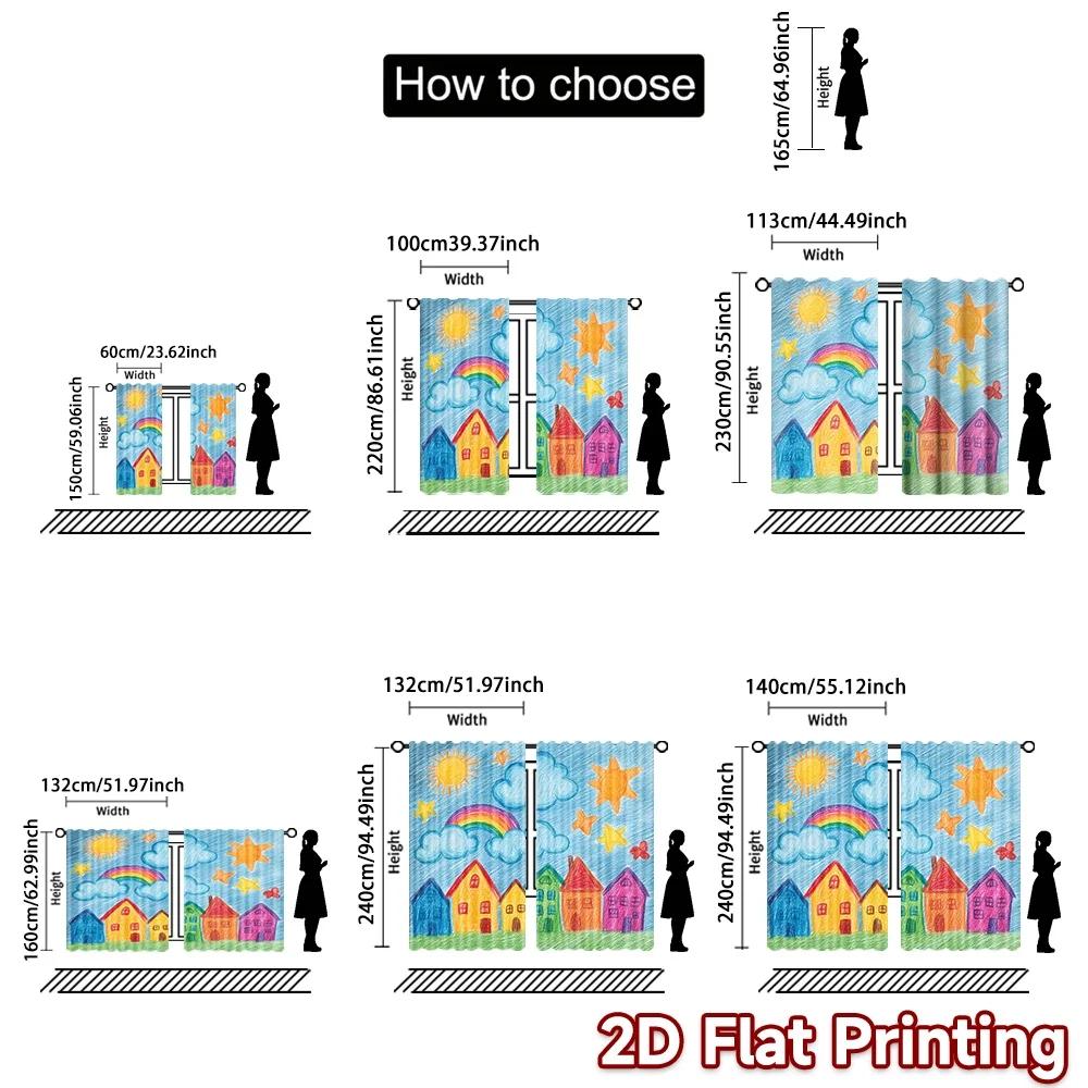 Set Of 2 Flat Printing Scene Curtains Colorful Sunny Village Digital Printed Polyester Drapes Birthday Party Use Event Curtain