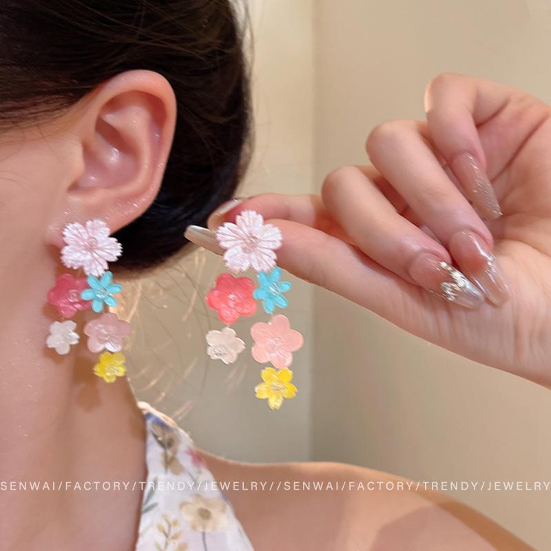 Dopamine Color Flower Tassel Earrings Women s Summer Premium Sense Earrings Girls Vacation Earrings Wholesale