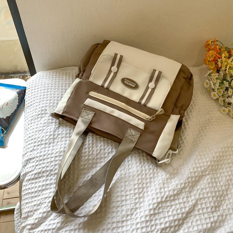 

Женская сумка через плечо большой емкости с цветными блоками, большая сумка для студентов, сумка для книг, сумка через плечо для занятий коричневый