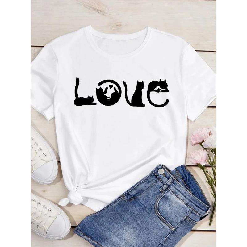 New Cute Love Heart Cat 3D Print Women T-Shirt Casual Summer Women's Clothing Cartoon T-Shirts