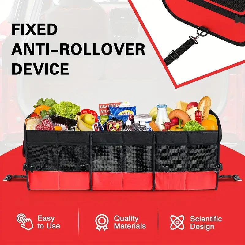 Organizator Universal Mare pentru Portbagaj pentru Mașină Pliabil cu Compartimente Multiple Geantă de Depozitare pentru Portbagaj cu 2 Curele Retractabile