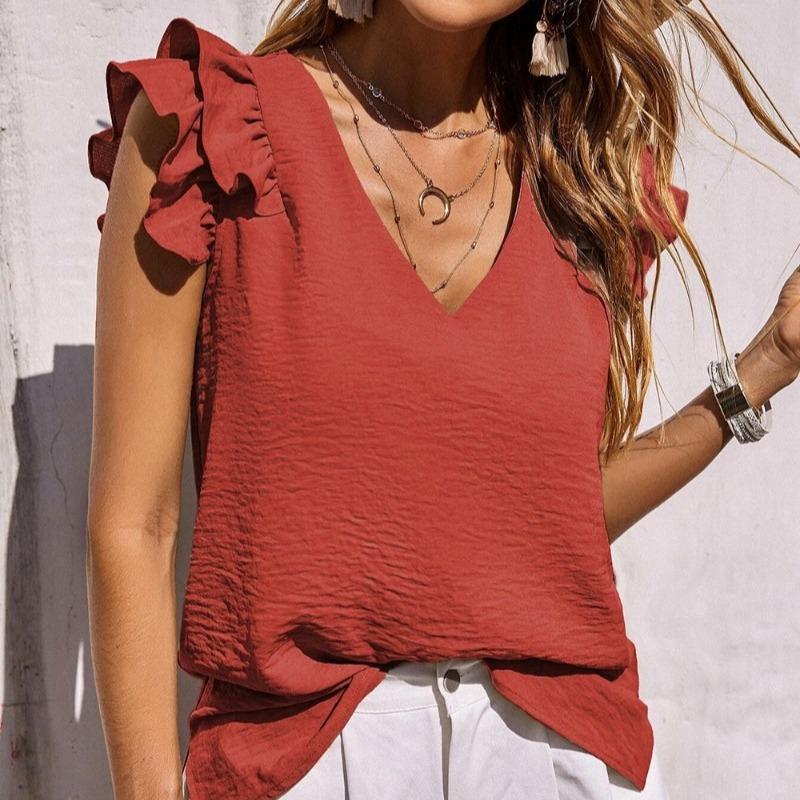 Fashion New V-neck Ruffled Casual Shirt Women Summer Sleeveless Blouse for Women Elegant Vintage Solid Simple Ladies Blouses and Tops 24664
