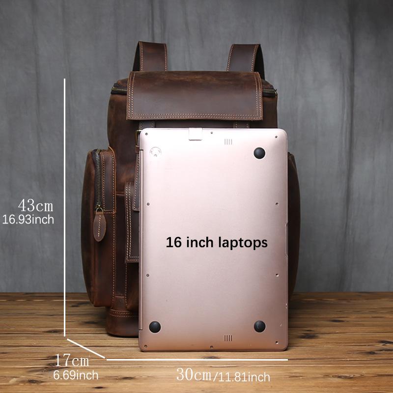 NZPJ Men's Retro Large Capacity Leather Backpack Genuine First Layer Natural Cowhide Travel Laptop Bag