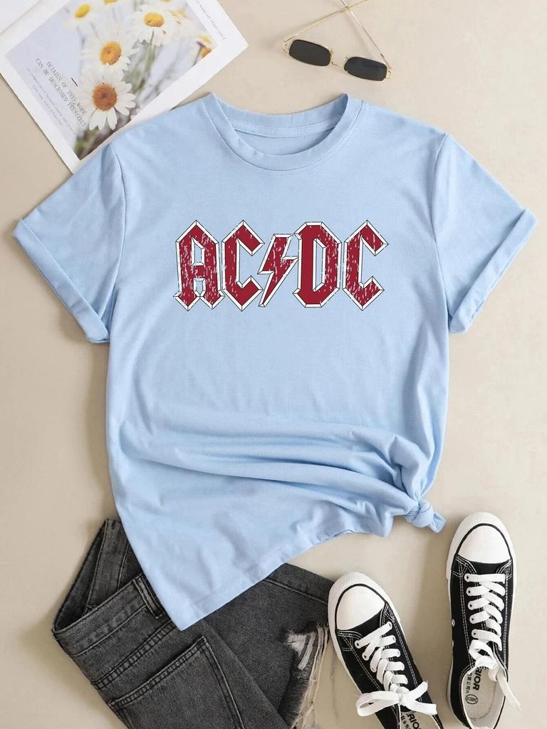 100% Cotton T-shirt Graphic Ac Dc Printed Summer Letters T Shirt Fashion Unisex Women Short Sleeve Band Tees Gothic Clothing Unisex