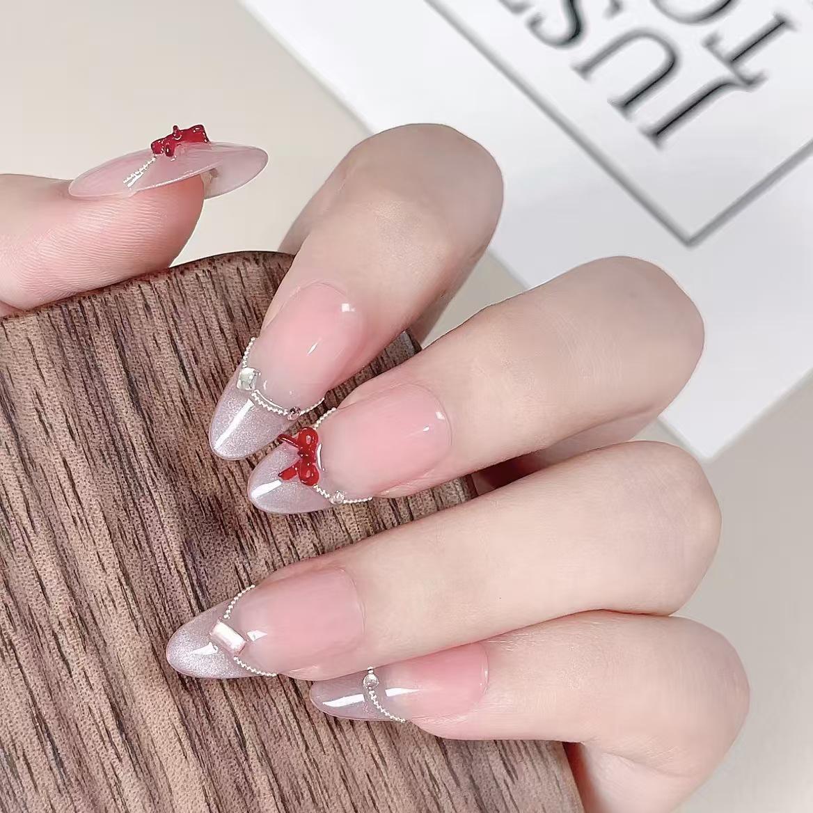 French Lady Nude Glossy Cat Eye Nails with Bow Knot - Handmade, Sweet, Versatile, Brightening Large