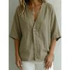 Women’s casual, loose-fit V-neck T-shirt for spring and summer – plain-coloured button-up top in linen