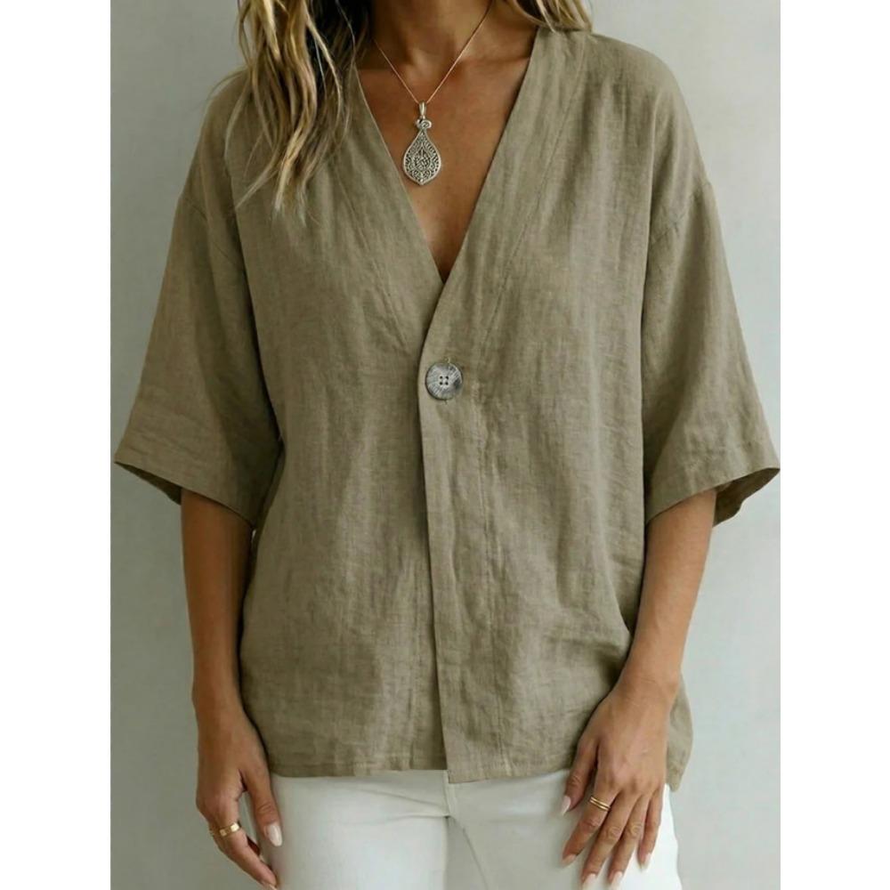 Women’s casual, loose-fit V-neck T-shirt for spring and summer – plain-coloured button-up top in linen