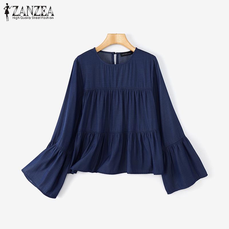 ZANZEA Women Casual Solid Color Round Neck Long Sleeve Blouses