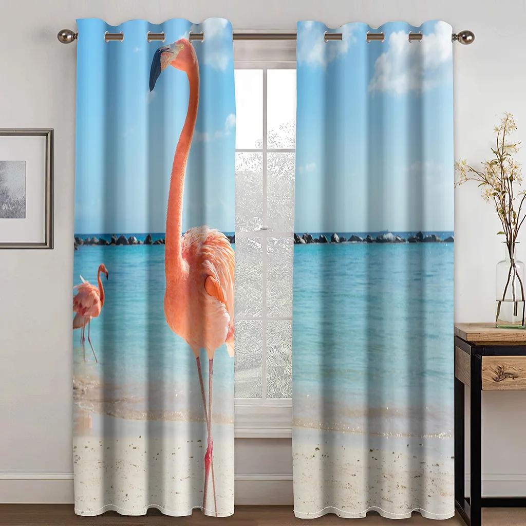 High Quality Flamingo Beach Sea Print Thick Blackout Curtain Pink Animal for Living Room Window High Shading Curtains New Drape