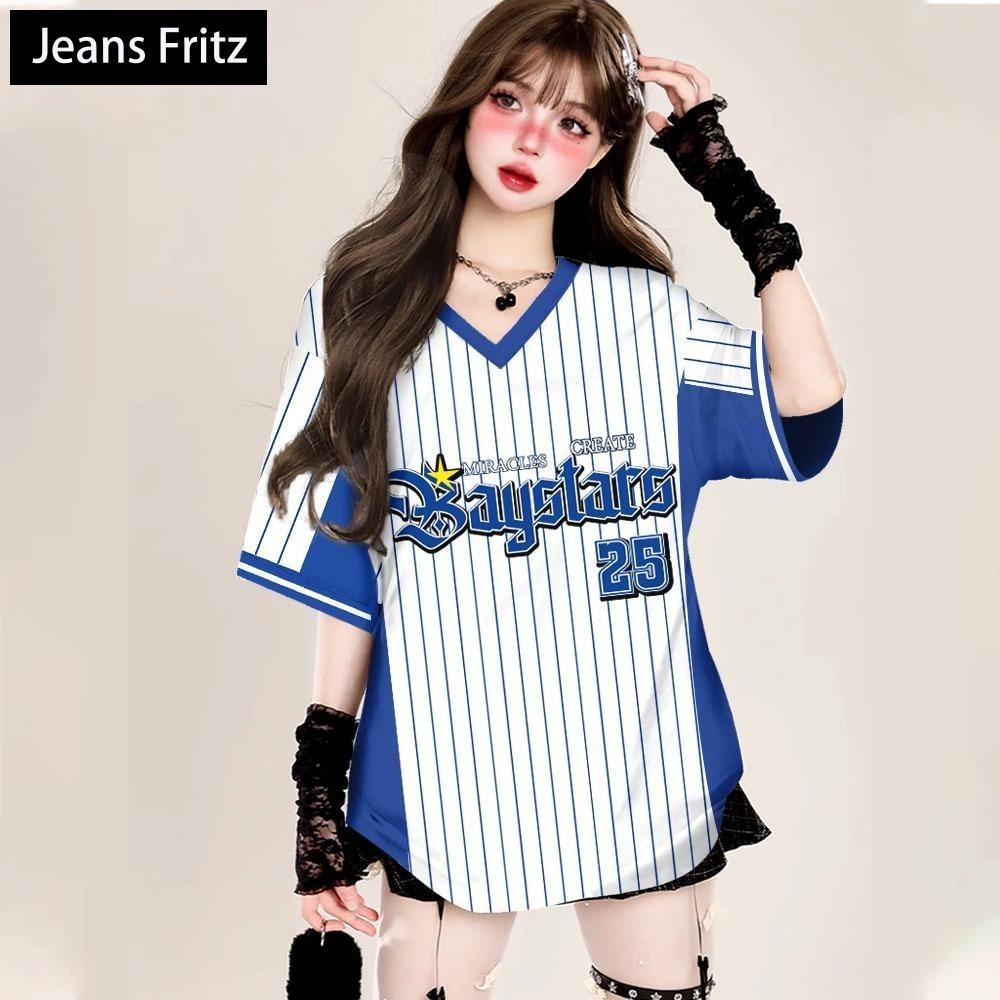 

Свободная футболка в корейском стиле с полосатым принтом, модная уличная футболка с коротким рукавом и V-образным вырезом, красная рубашка XXS