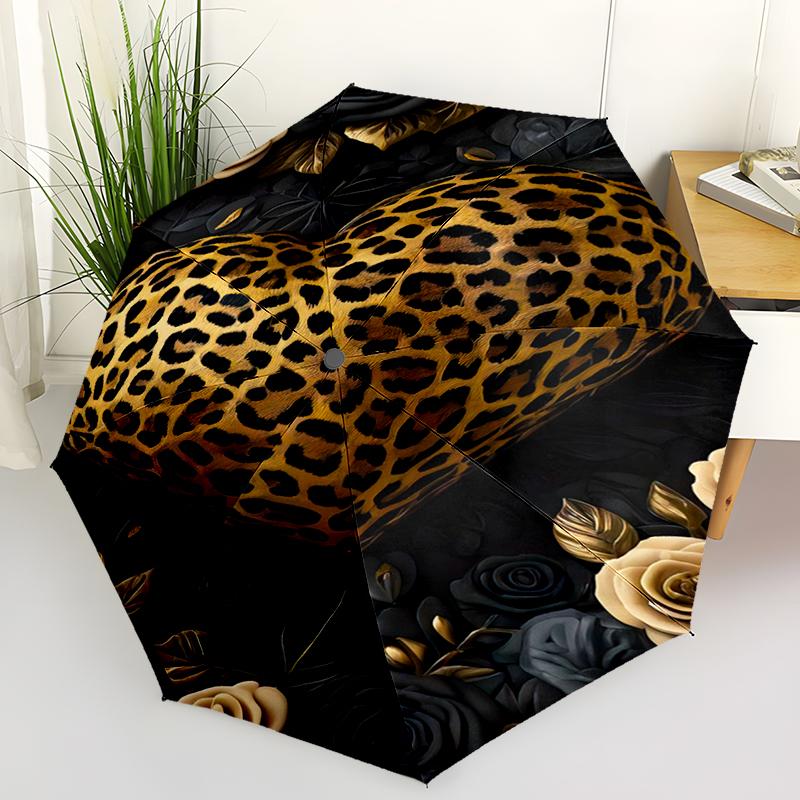 1pc Colorful Leopard Print Pattern Umbrella Portable Folding Umbrella Iron Frame Hole Bone Structure Outdoor Home Umbrella