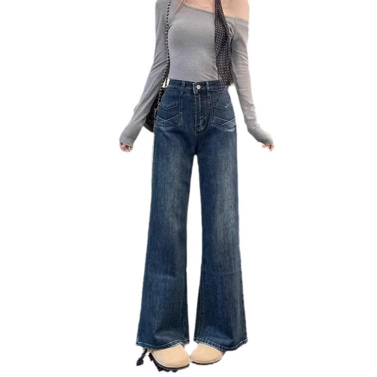 Plus Size Stretch High Waist Straight-Leg Jeans for Pear-Shaped Women - Slimming Design Wide Leg Long Pants