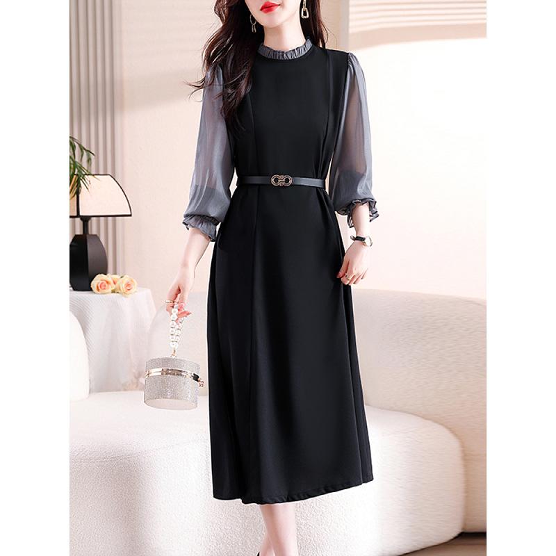 

Платье с длинным рукавом, женская осенняя одежда 2025 года, новинка начала осени, кофейный перерыв, французский стиль Хепберн, темперамент, облегающее маленькое черное платье 2XL чёрный