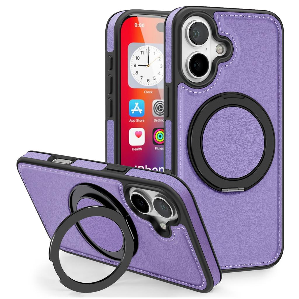 Etui do iPhone'a 16 z pierścieniem i podstawką, kompatybilne z MagSafe, tył z skóry PU