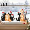 Holiday Home Window Embellishments Christmas Cling, Cartoon Cats Sticker with Santa Hat, Removable Hat Stickers PVC Static Glass Decal for Bedroom