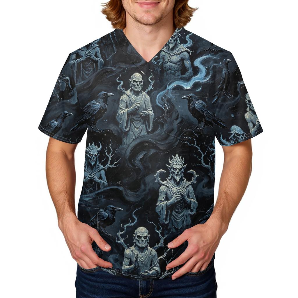 Men's Halloween Print V-Neck Scrub Top with Pocket Short Sleeve Uniform Shirt