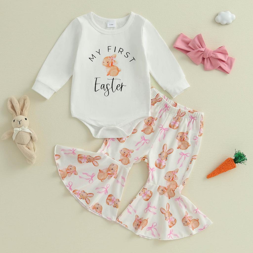 Seturi de pantaloni scurți pentru fete cu clopot de Paște, cu mânecă lungă și gât O, salopetă, cu imprimeu de iepuraș și bentiță