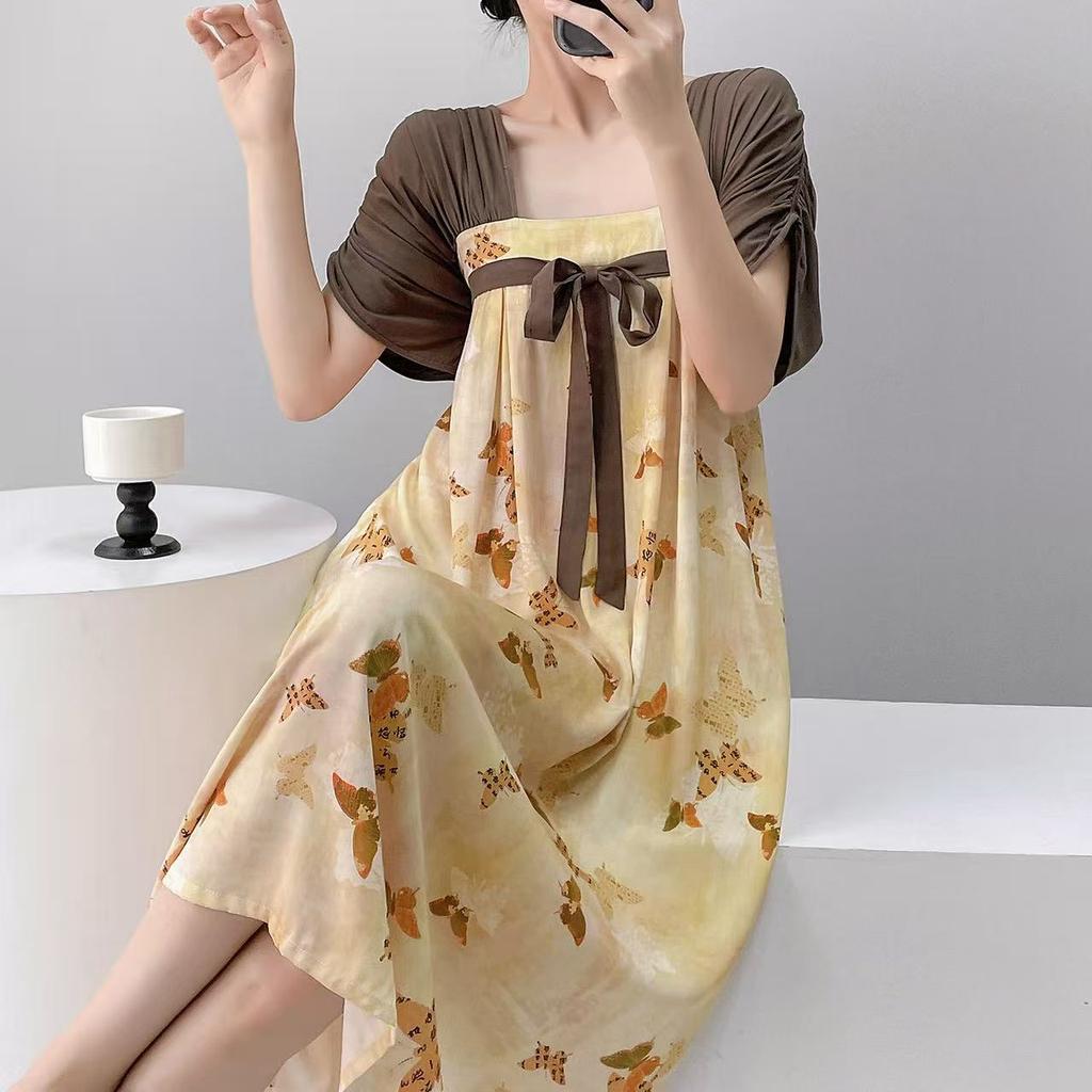 Improved Hanfu short-sleeved cotton and silk nightgown women's summer cotton and silk can be worn outside fairy air artificial cotton loungewear natio
