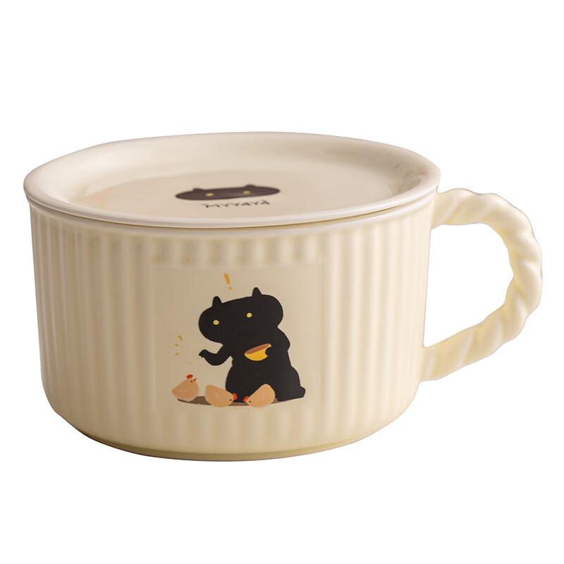 ZISIZ Cartoon Cat Ceramic Noodle Bowl with Lid