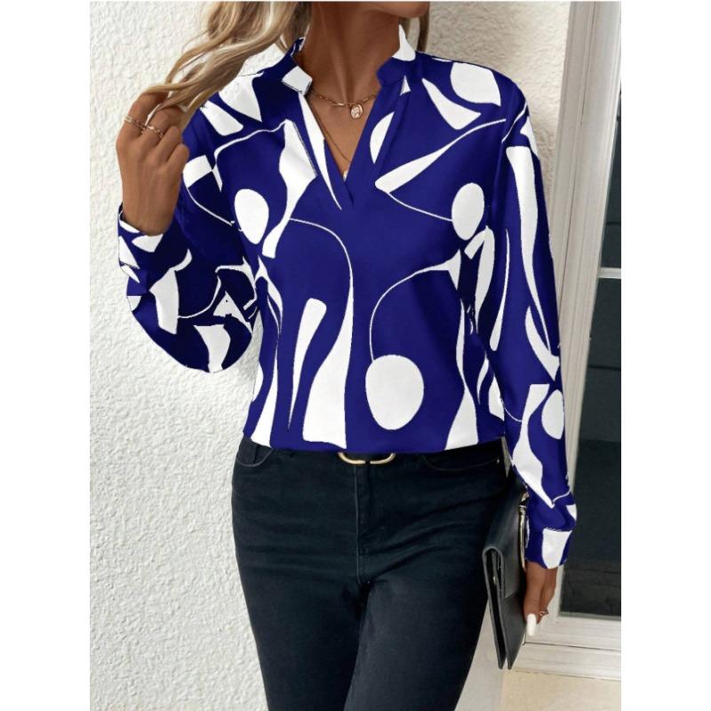 

YYFS Жіночі Модні Повсякденні Весняно-Осінні Блузки та Сорочки з Кольоровим Блок-Принтом, V-подібним Вирізом та Довгим Рукавом XXL синій