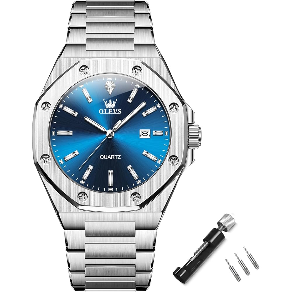 Olevs Men s Octagonal Analog Quartz Watch Silver Waterproof Stainless Steel Blue Metal Band Large Dial