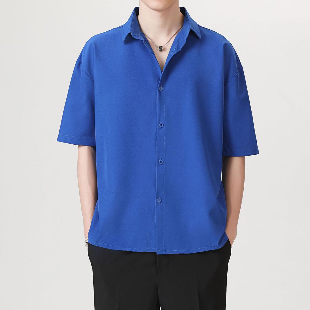Męska letnia koszula z krótkim rękawem Ice Silk w kolorze czarnym Męska koszula z wysokiej jakości modnej marki Ruffian Handsome Casual