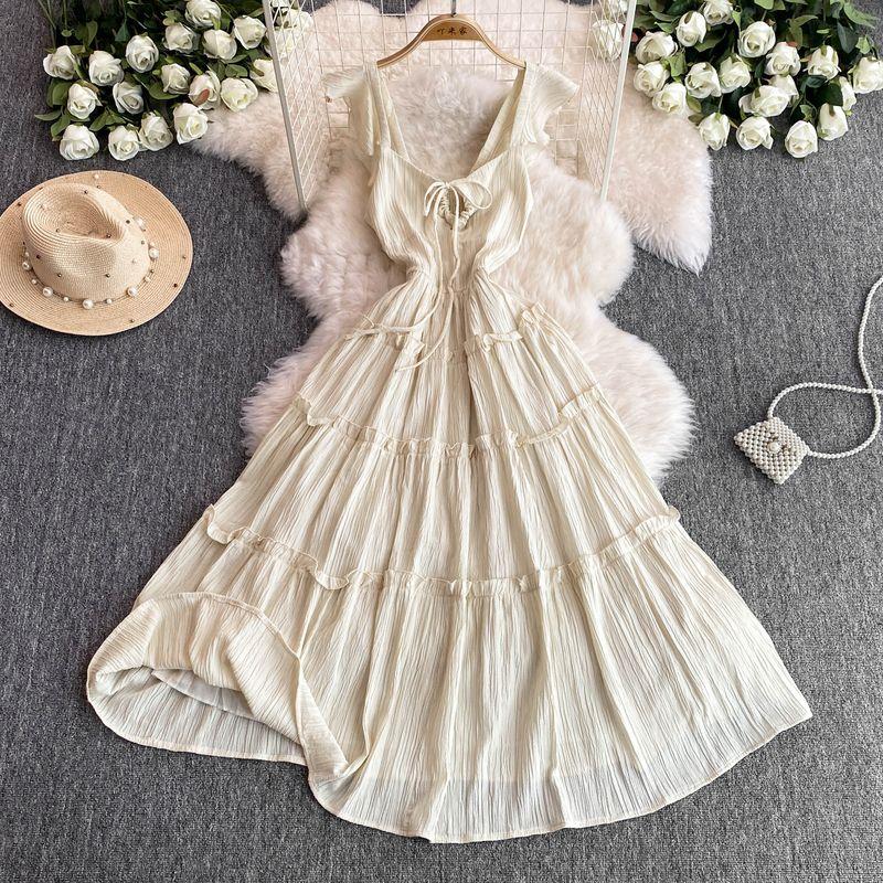 Bohemia Seaside Holiday Beach Skirt with Wooden Ear Patchwork A- line Dress Fancy Square Collar Lace up Dress