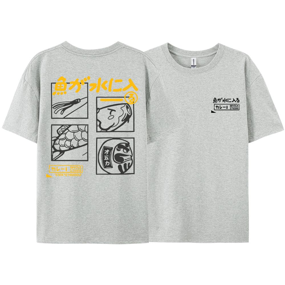 Summer Japanese Retro Fish Letter Printed Round Neck T-shirt for Men in Large Size Loose Couple Neutral Pure Cotton Short Sleeve