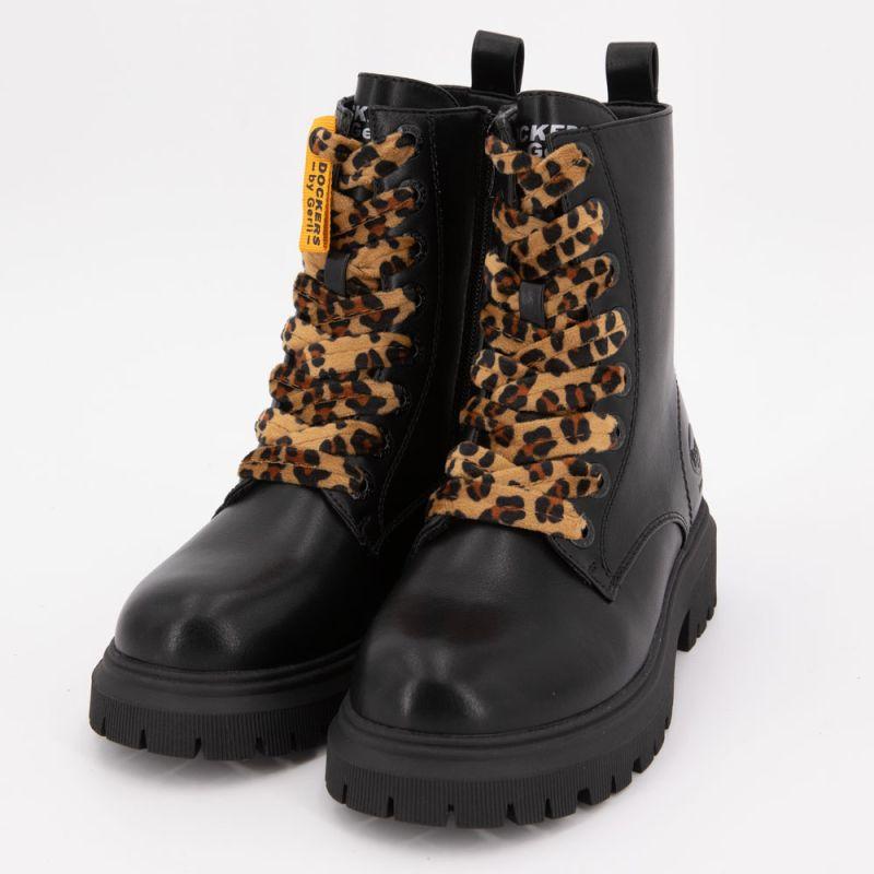 Bottines noires à lacets léopard effet velours Enfant DOCKERS BY GERLI