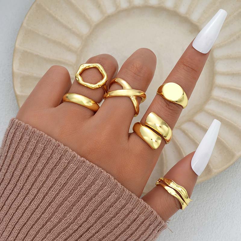 6Pcs/set Gold Color Geometric Chunky Open Rings Set for Women Exaggerated Metal Smooth Adjustable Finger Ring Jewelry Gifts New