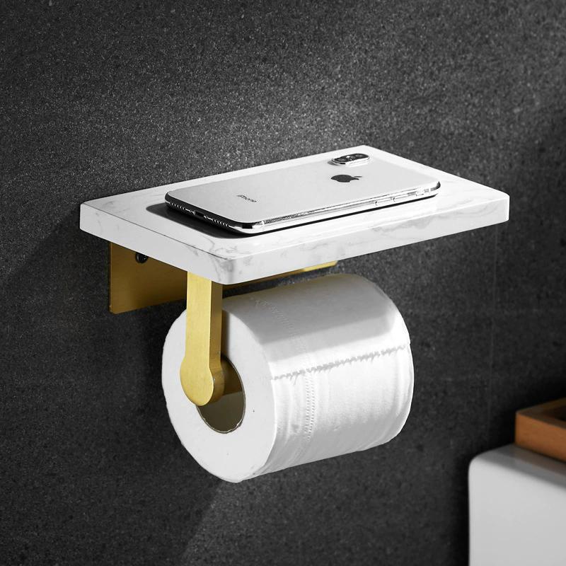 White Marble Bathroom Paper Holder with Phone Holder Brushed Gold Paper Roll Holder Tissue Holder Rack Toilet Paper Holder