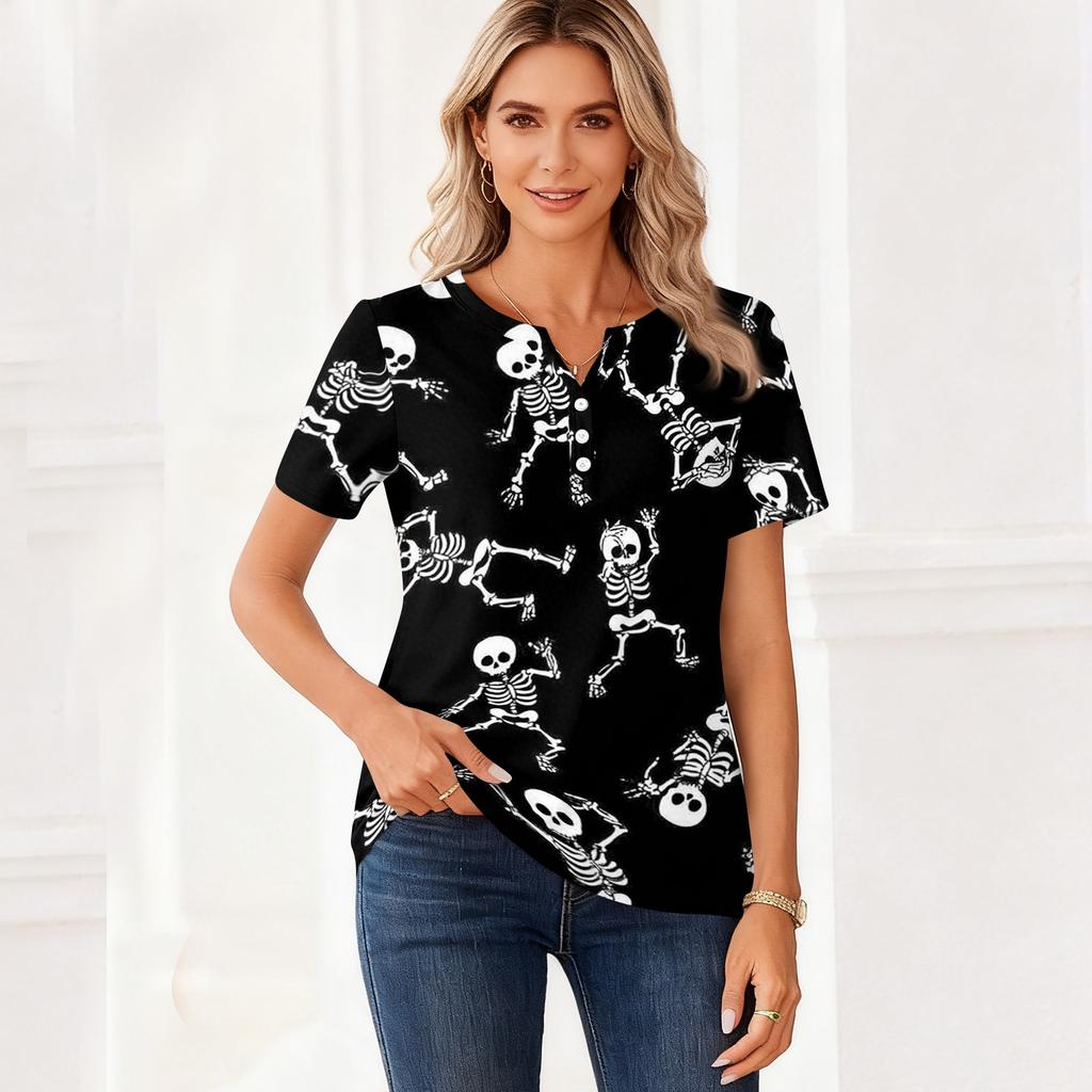 Women's Casual Short Sleeve V-Neck T-Shirt with Print and Decorative Buttons
