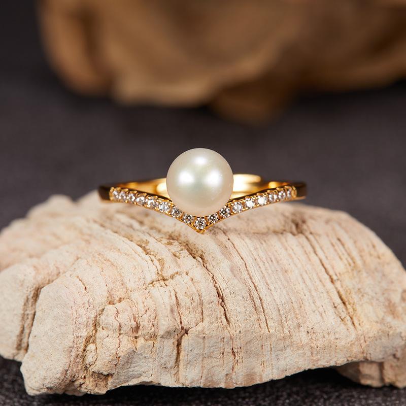 V-Shaped Autumn And Winter S925 Sterling Silver 18K Natural Freshwater Pearl Ring Index Finger Ring Cold Wind Light Luxury Niche Does Not Fade