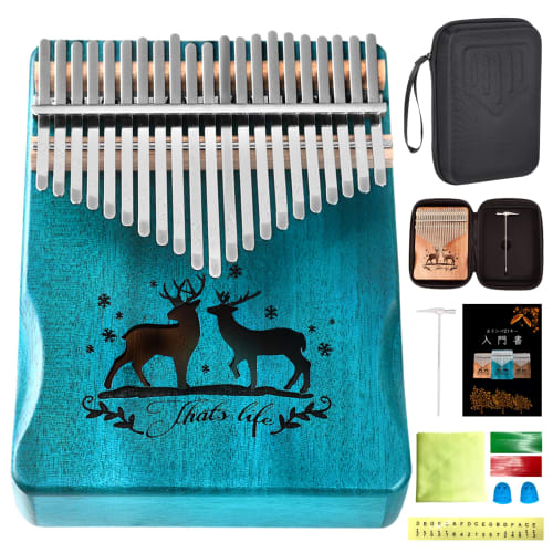 PERDIN Kalimba Beginner Set, 21 Keys, Pre-Tuned, Includes Japanese Sheet Music, Beginner's Book, Case, Engraved, Mahogany (Cerulean Blue)