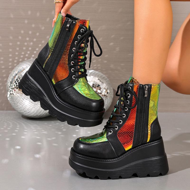 Fashion Inside Booties Autumn New Round Toe Lace-Up Front Side Zipper Platform Anti-Slip Wear-Resistant Wedge Shoes