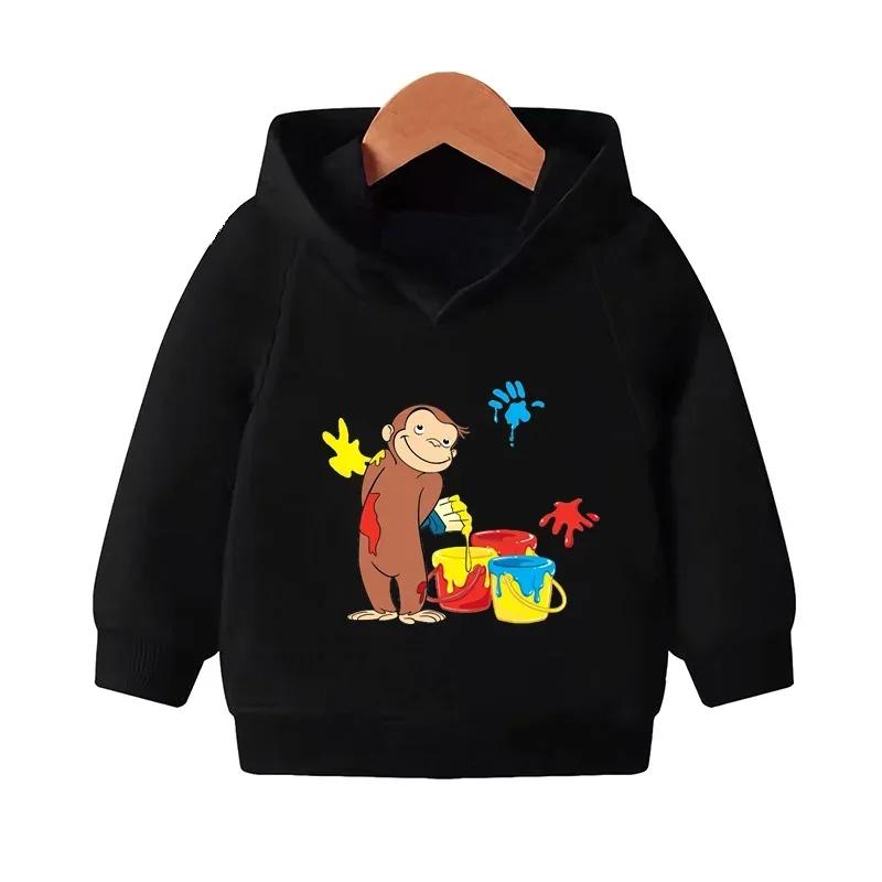 Curious George Cute Monkey Print Funny Kids Hooded Hoodies Girls Clothes Children Sweatshirts Autumn Baby Pullover Tops
