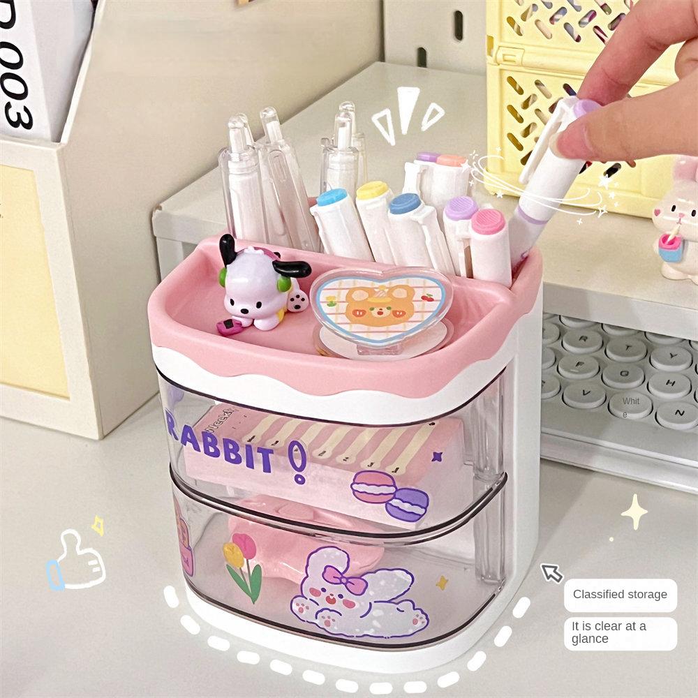Simple And Large Desktop Storage Transparent Pen Holder Cartoon Square Pen Holder Student Stationery Storage Box