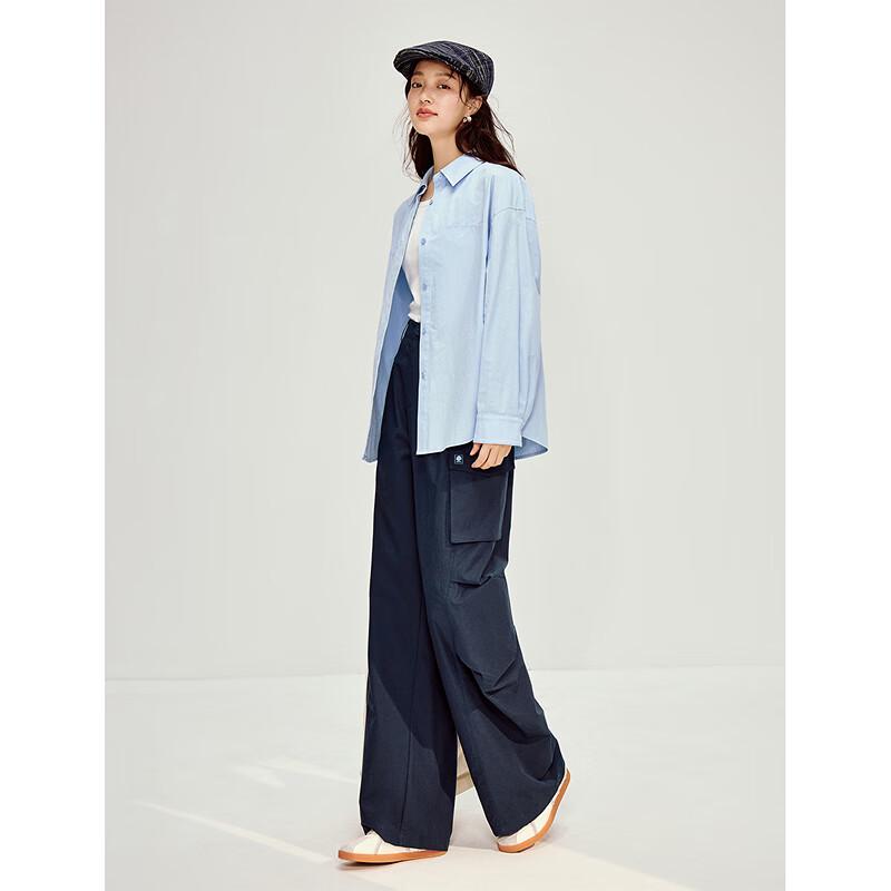 INMAN Women's Casual Wrinkled Poplin Wide-Leg Cargo Pants