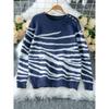 2025 Autumn Winter New Women's Contrast Color Zebra Print Round Neck Shoulder Button Long Sleeve Knitted Sweater Top