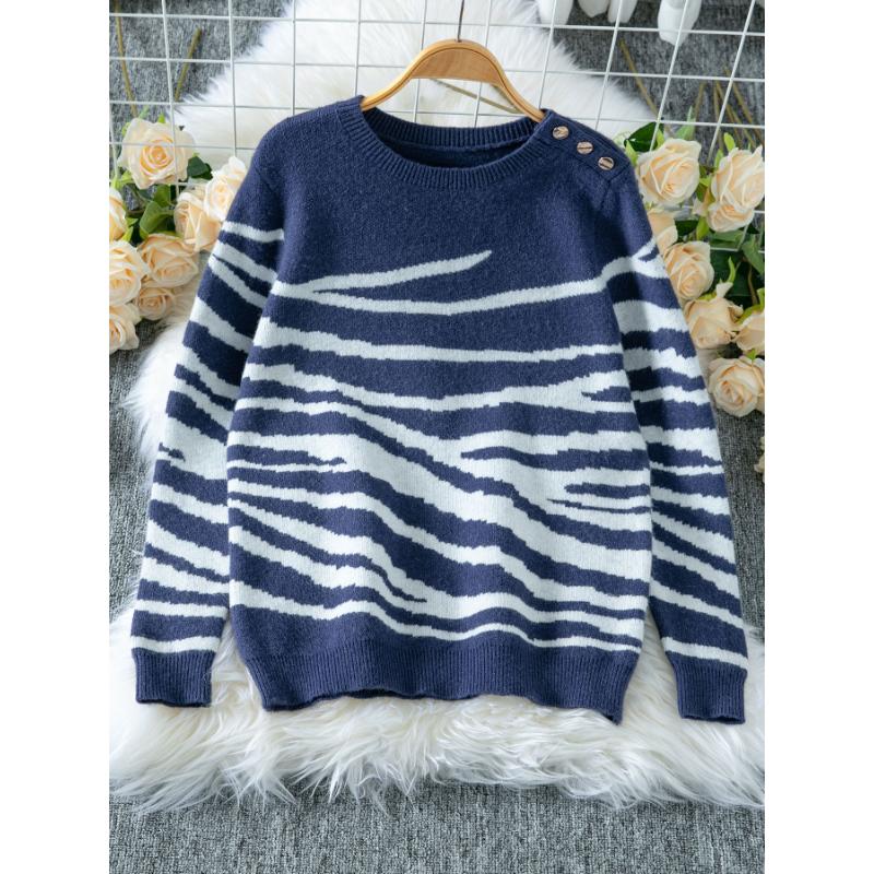 

2025 Autumn Winter New Women s Contrast Color Zebra Print Round Neck Shoulder Button Long Sleeve Knitted Sweater Top S синий