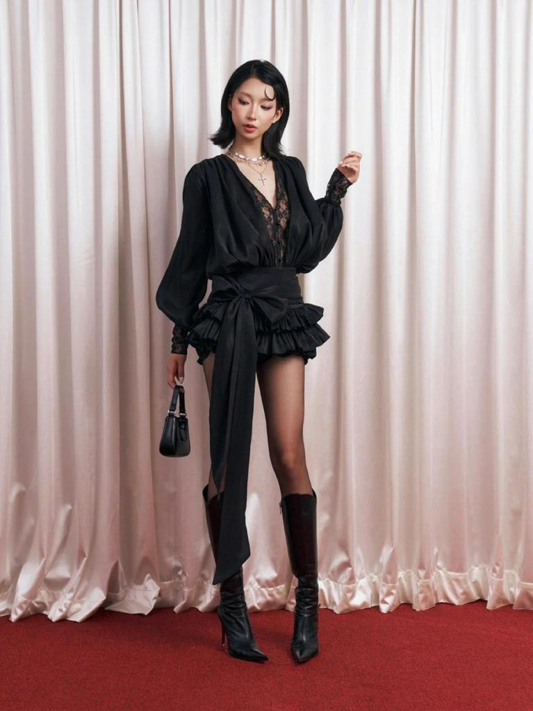 Chancloi Vietnam Fashion Long Sleeve Waist Tie Flared Mini Skirt For Youth
