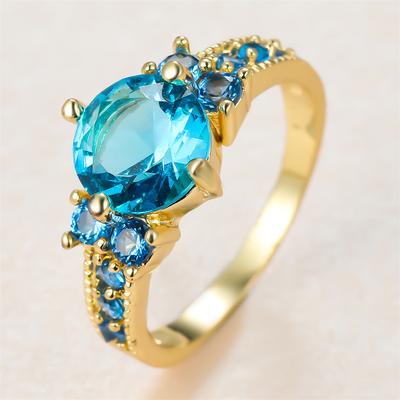 Aqua Blue Crystal Round Stone Engagement Rings For Women Vintage Gold Color Wedding Bands Birthstone Jewelry Mother's Day Gifts