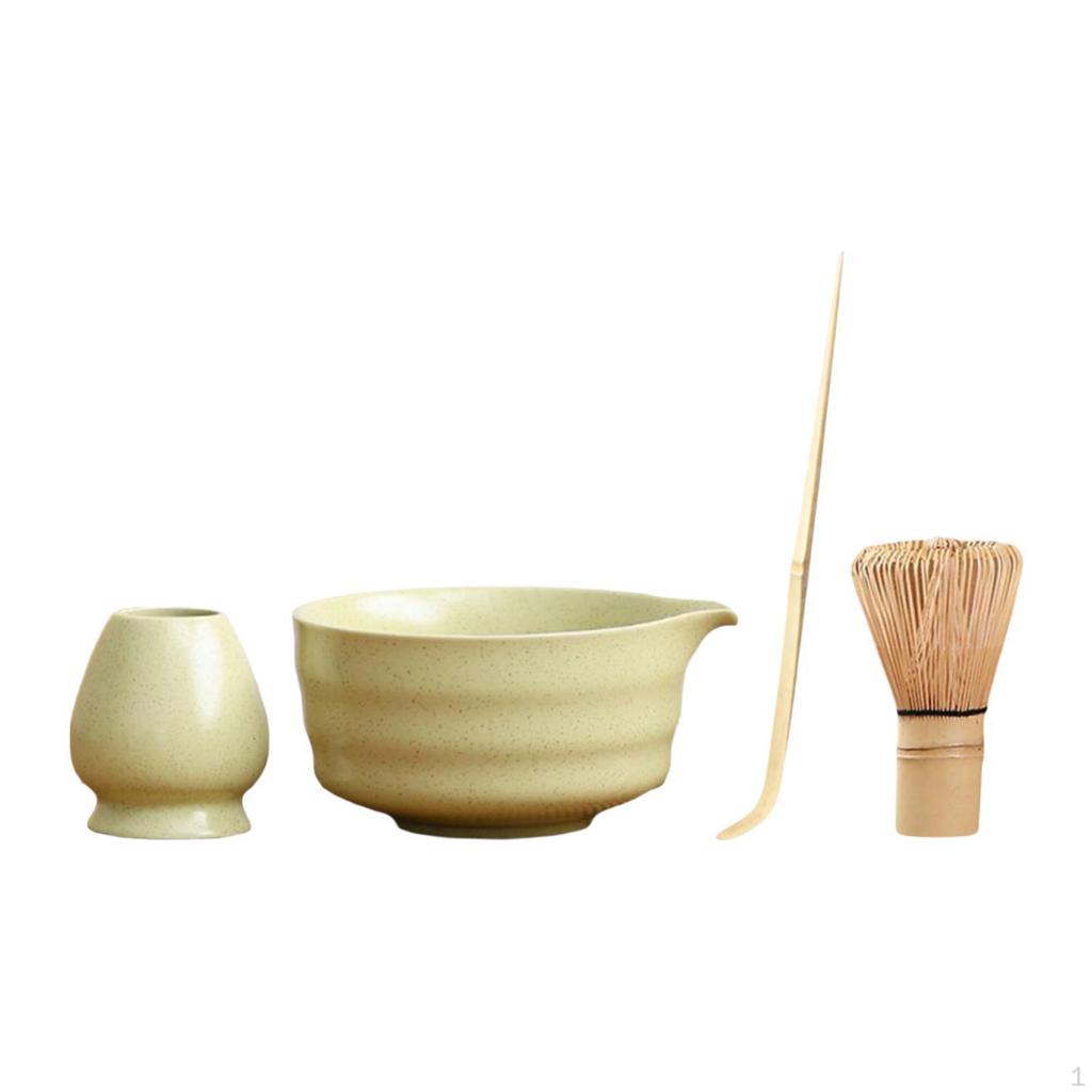 4dílná sada misky na matcha a metličky pro čajový obřad, obsahuje bambusový stojánek