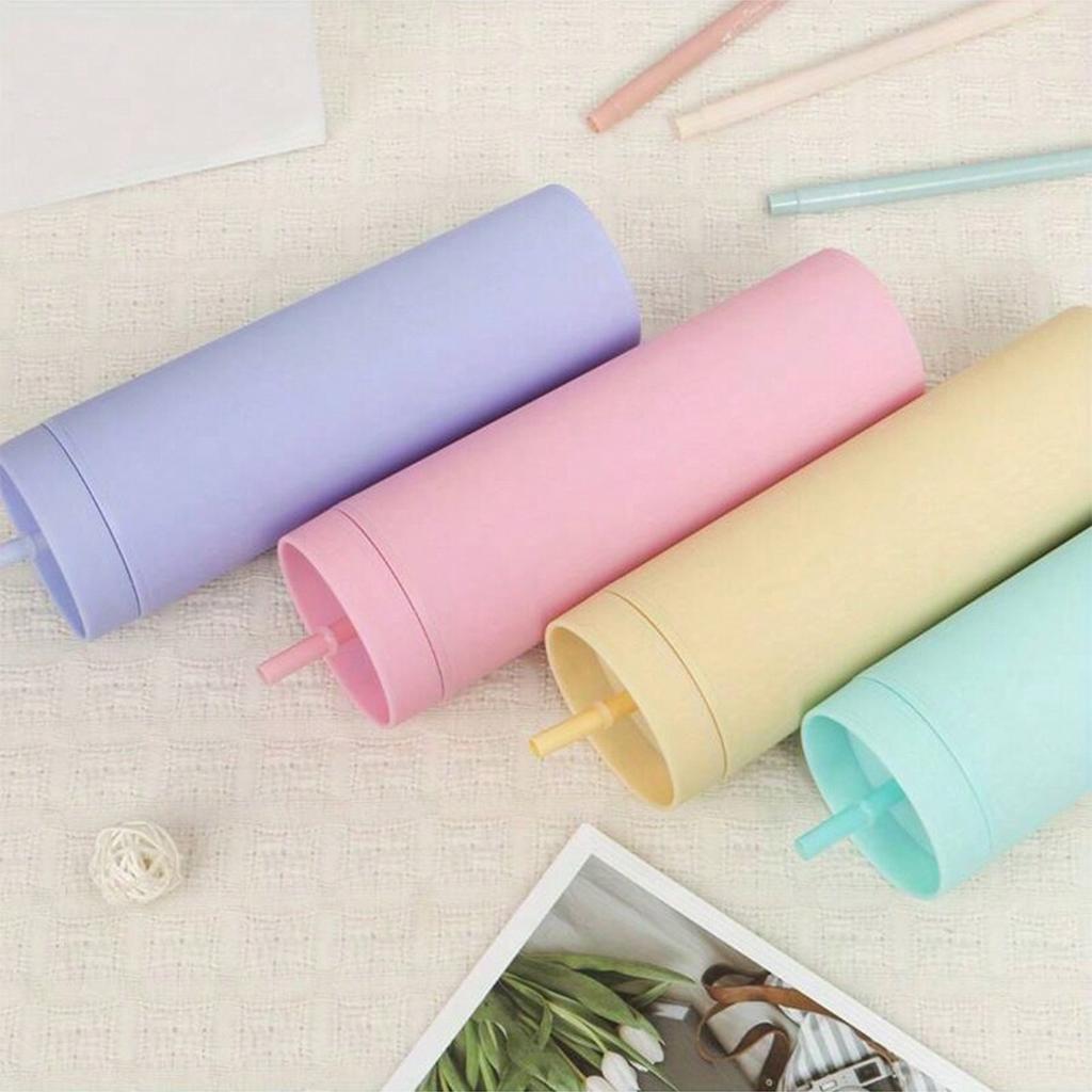 1pc Plastic Straw Cup Double-Layer Water Bottles Coffee Cup Reusable Hard Plastic Tumbler With Lid Drinkware Gift