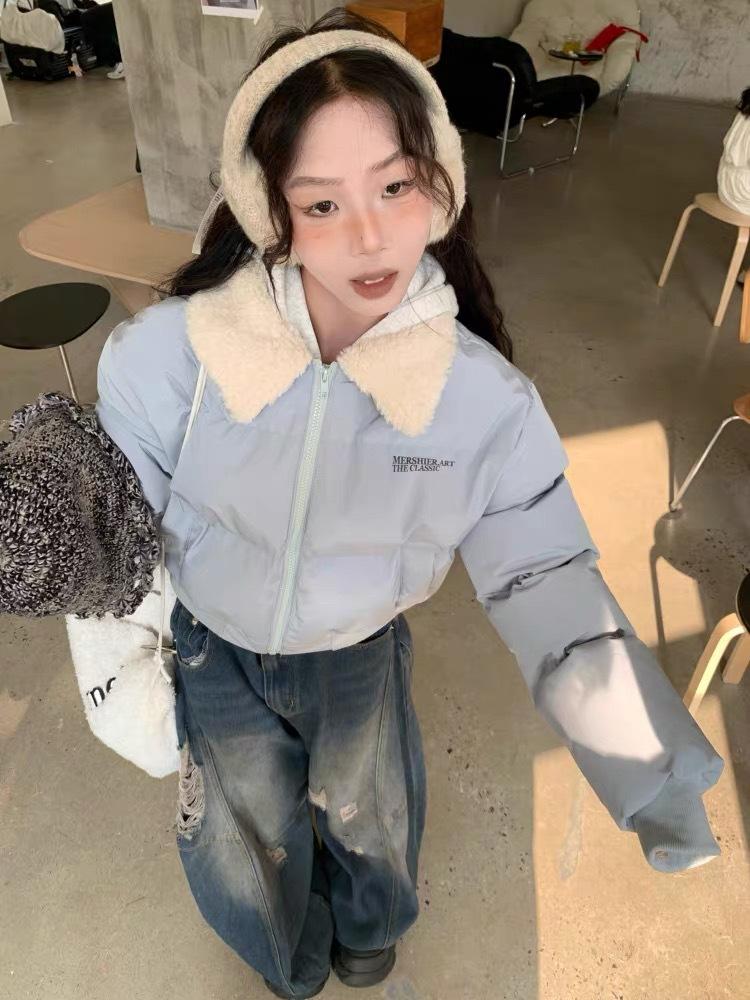American retro lapel lamb down fur collar down cotton clothes women's new winter warm short cotton clothes