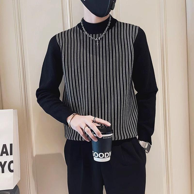 Half Turtleneck Sweater Men's Autumn Winter Striped Base Knitted Top New Men's Top Jacket