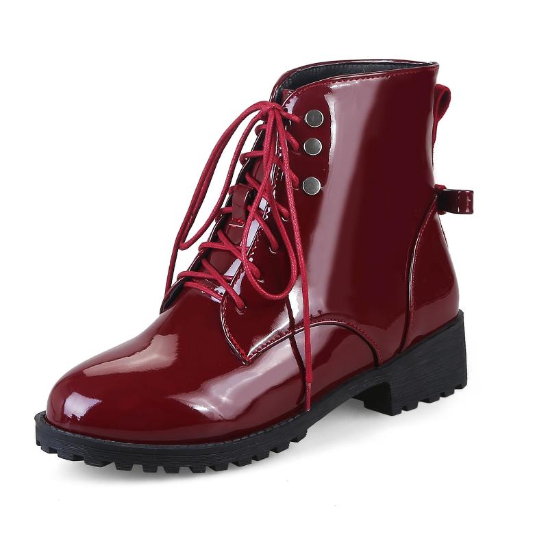 

Жіночі черевики лакована шкіра шнурівка бойові черевики жіночі осінньо-зимові туфлі низький каблук черевики до щиколотки botas femininas WSH4144 37 червоний