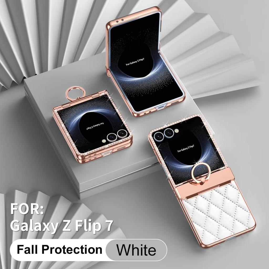 Capa de Celular de Couro Luxuosa com Diamantes para Samsung Galaxy Z Flip 7 6 5 4 3 Flip7 FE com Proteção da Dobradiça e Suporte de Anel Mulher Menina