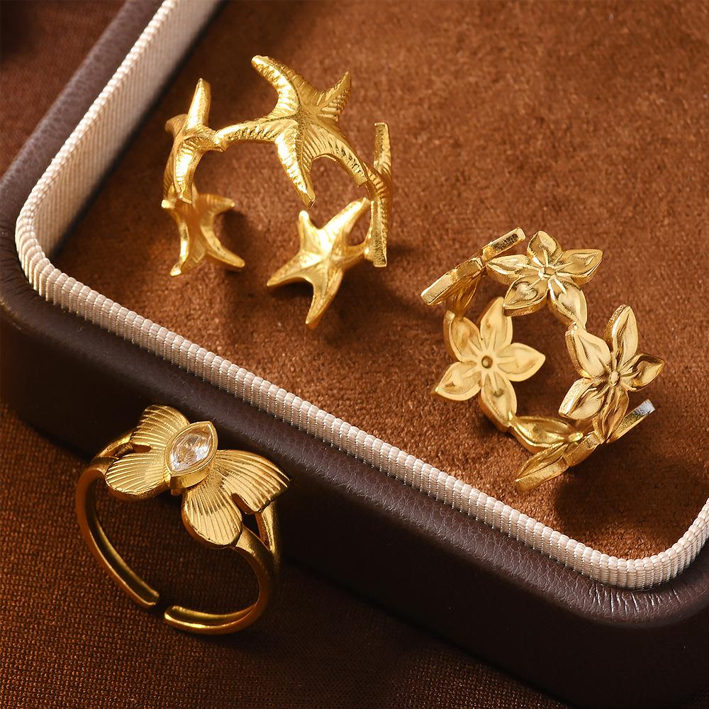 Новое кольцо из нержавеющей стали, гидравлическое, звезда-морская звезда, цветок, открытое кольцо, легкая роскошь, высококачественная титановая сталь, ювелирные изделия, оптовая продажа Average Size